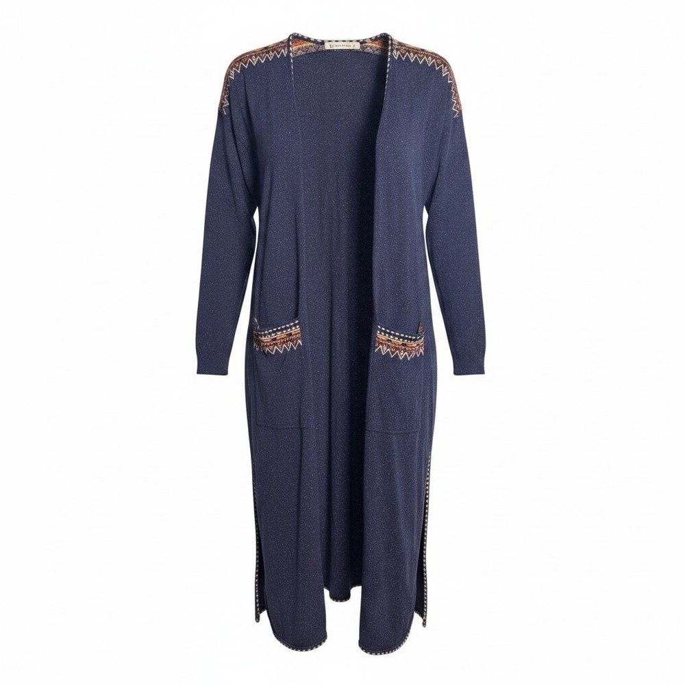 Soft Surroundings Navy Blue Southwest Embroidered Duster Cardigan Longline Small